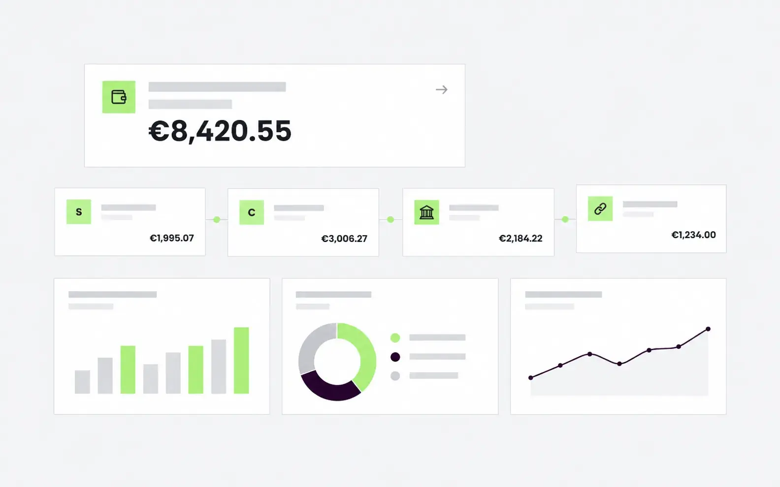 Illustration of four bank account cards whose balances add up to one total balance, with spending charts below.