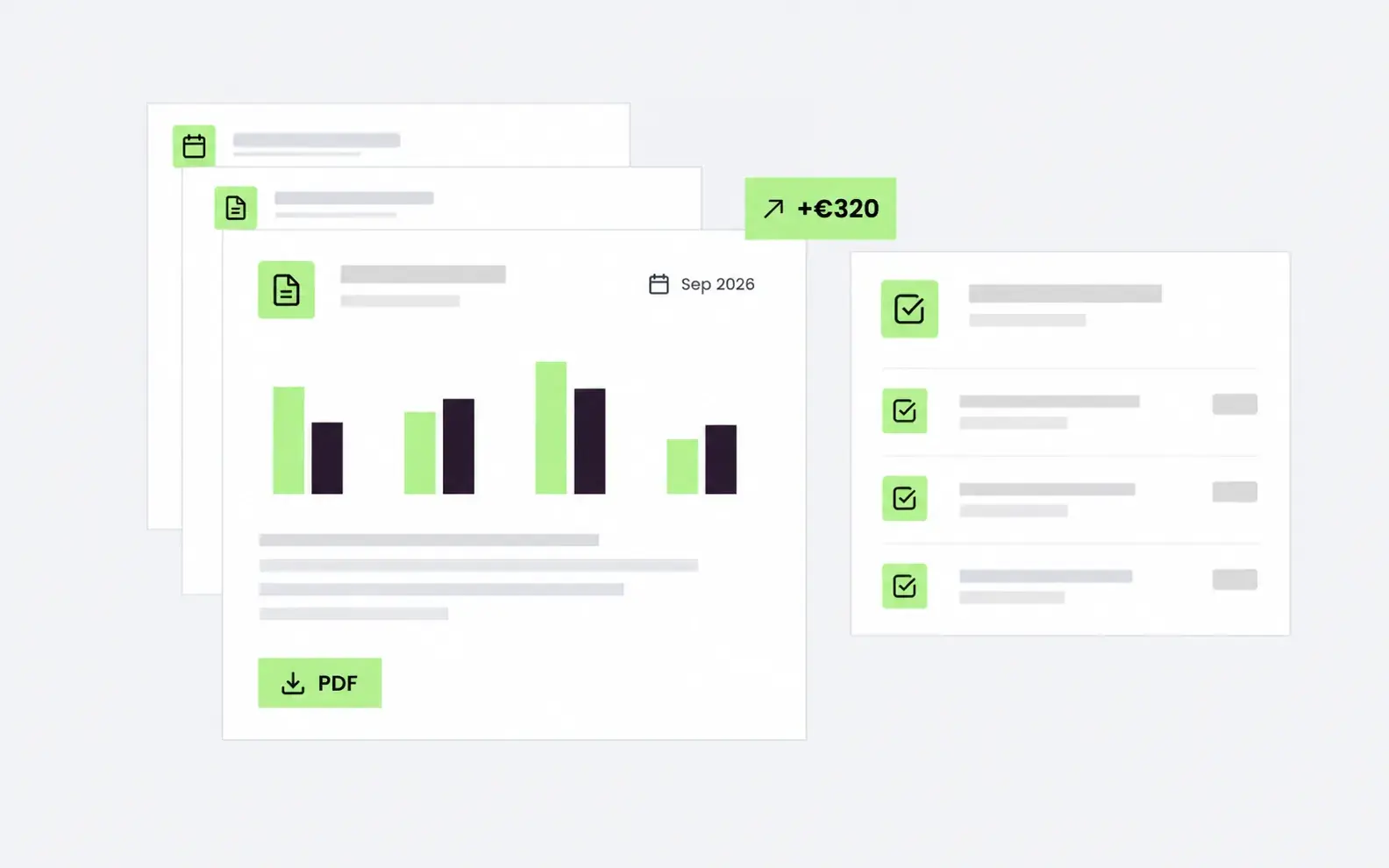 Illustration of a monthly report with a bar chart and a PDF download button, next to a checklist.
